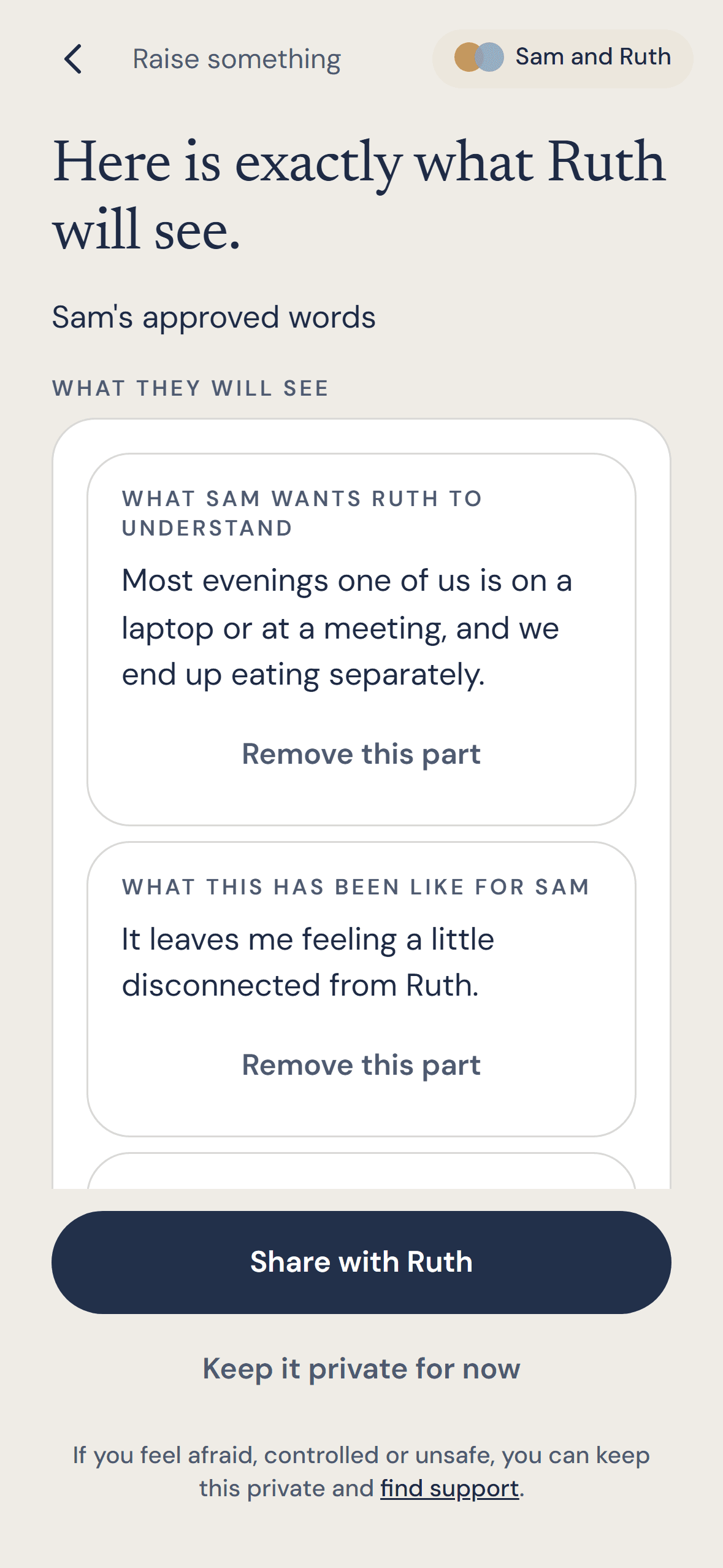 Raise preview showing exactly what Ruth will see before Sam shares