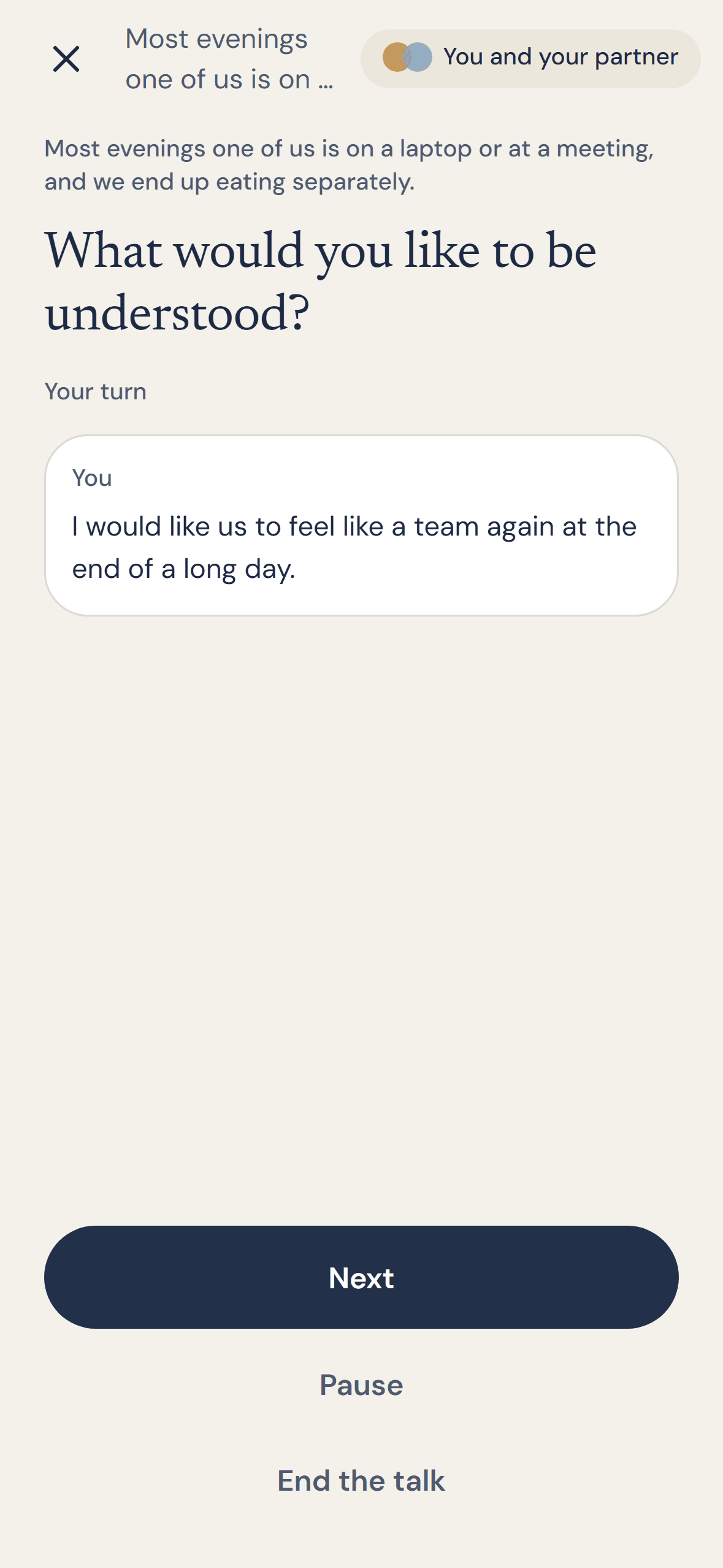 Talk screen asking what Sam would like Ruth to understand